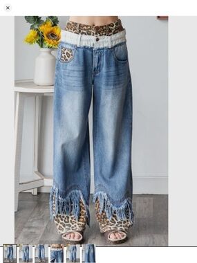 Oli & Hali  Blue Wide-Leg Jeans with Leopard Trim
